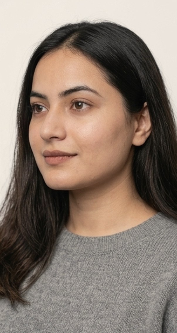 A woman looking calmly into the distance, at ease with herself