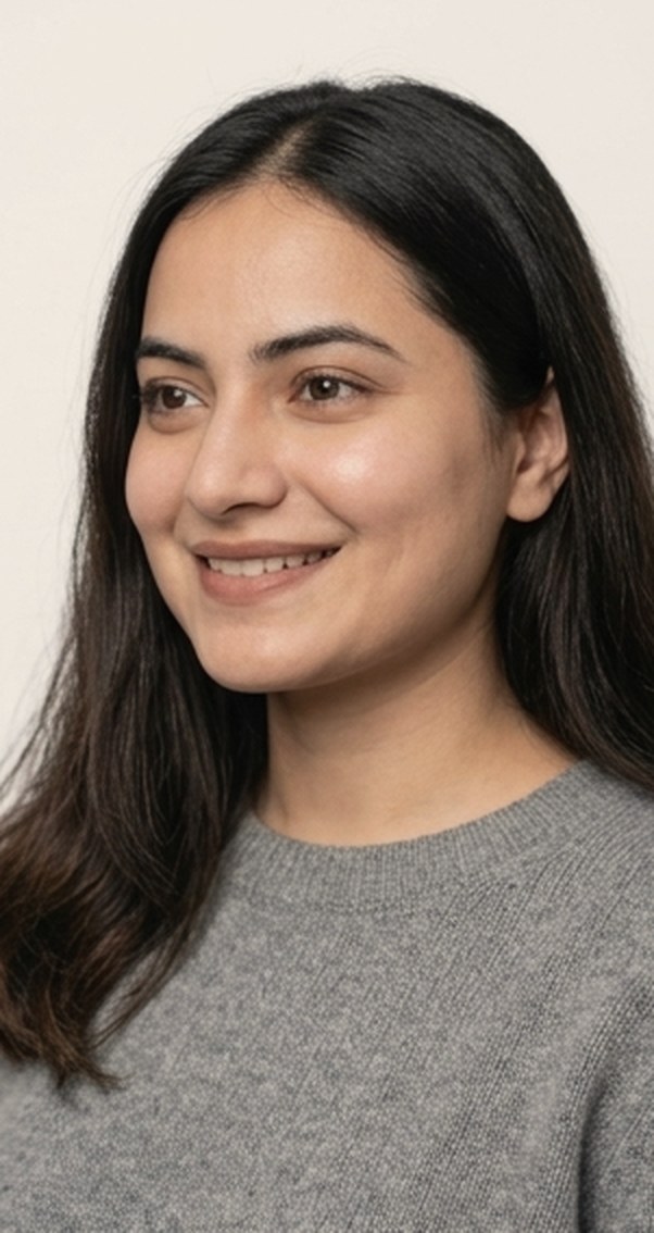 A woman smiling softly, at ease
